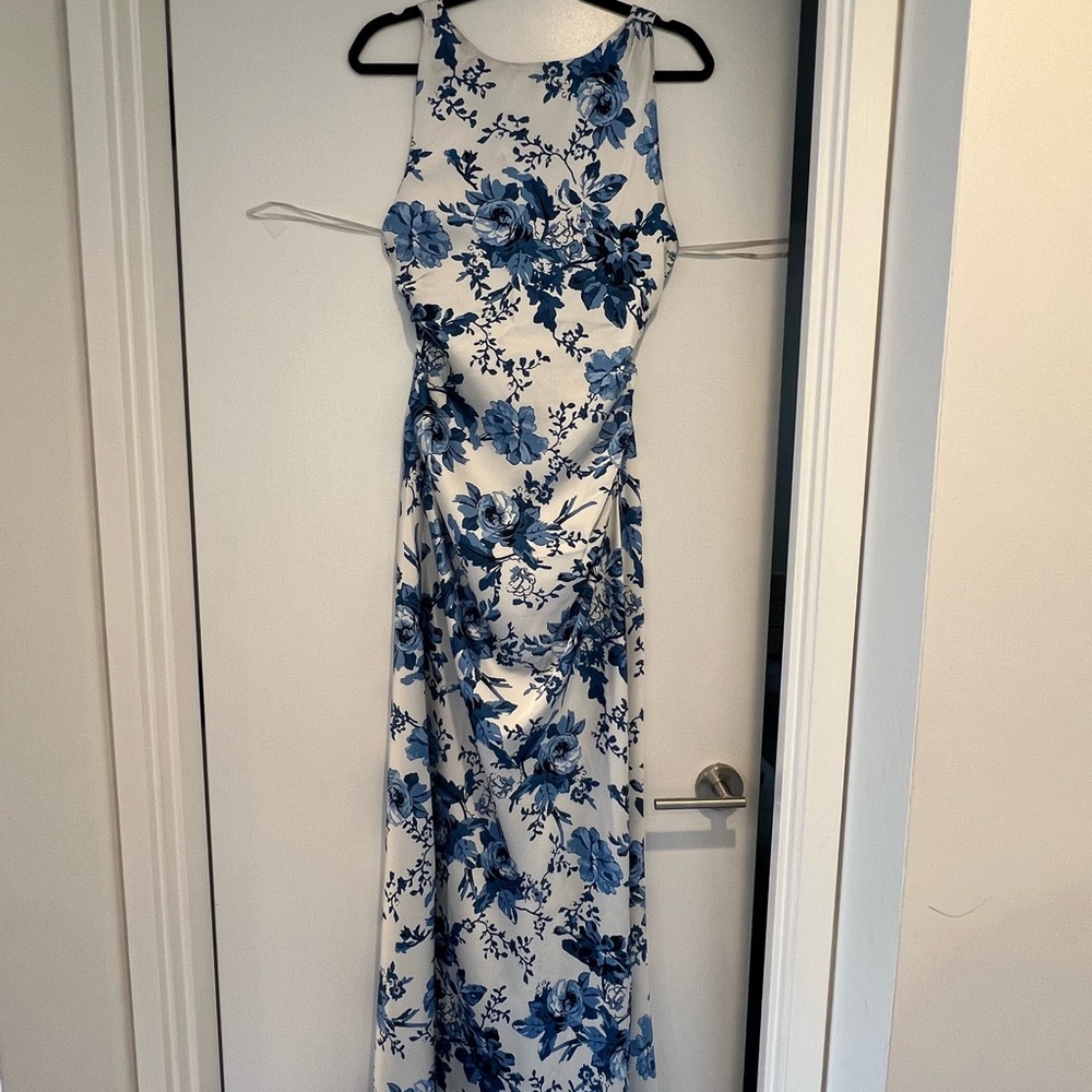 Blue and White Sheath Halter Maxi Dress